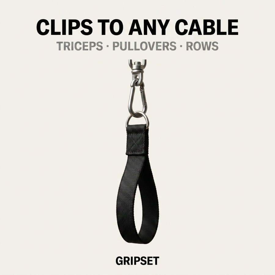 Clips to any cable — triceps pressdowns, pullovers, rows